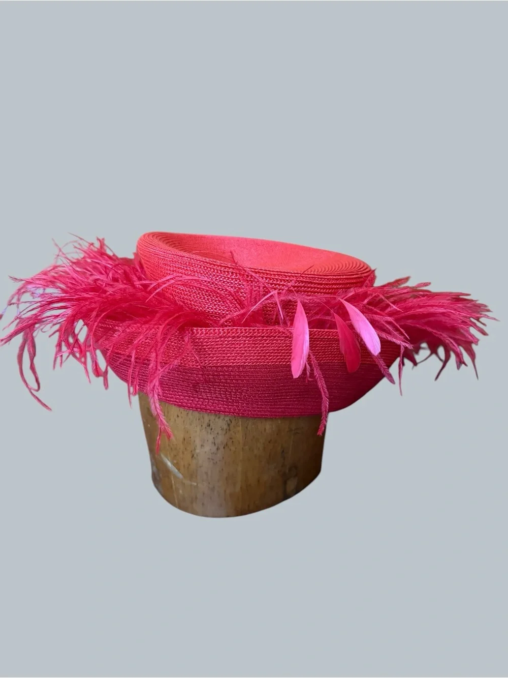 Women's Feather Trim Hot Pink Straw Hat